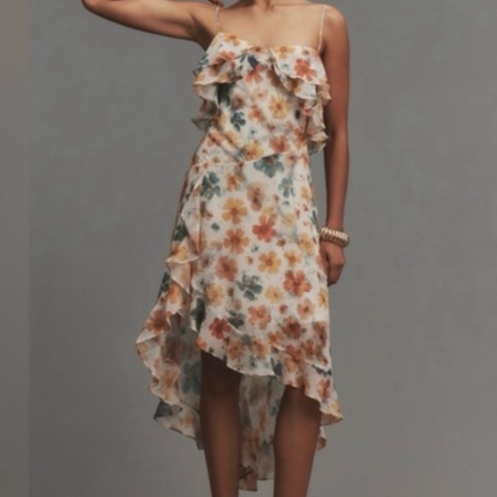 🟤NWT ANTHROPOLOGIE Asymmetric Ruffled Midi Dress - Floral Print Boho Colors LG